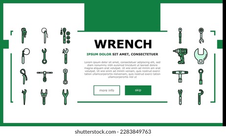 wrench tool spanner repair landing web page vector. work maintenance, workshop key, mechanic equipment, construction mechanical hardware wrench tool spanner repair Illustration