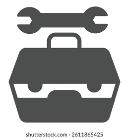 Wrench and tools box solid icon, repair service concept. Vector graphics. Mechanic staff tool container sign on white background, glyph style icon for mobile or web design