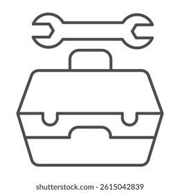 Wrench and tools box thin line icon, repair service concept. Vector graphics. Mechanic staff tool container sign on white background, outline style icon for mobile or web design