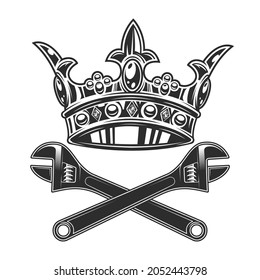 Wrench tools crossed and king crown vector illustration. Plumbing Key tool isolated on white background. Construction spanner logo design element.