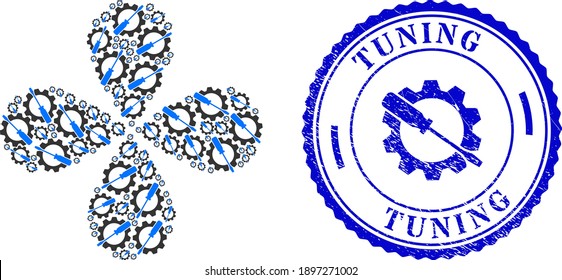 Wrench tuning explosion flower cluster, and blue round TUNING grunge seal with icon inside. Element cluster organized from oriented wrench tuning symbols. Vector flower collage in flat style.
