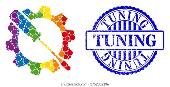 Wrench tuning mosaic icon of round dots in different sizes and spectrum colored color hues. Blue round distress watermark with Tuning message. A dotted LGBT- colored wrench tuning for lesbians, gays,