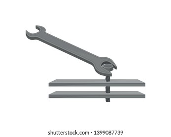 Wrench twists two plates with a screw. Vector illustration on white background.