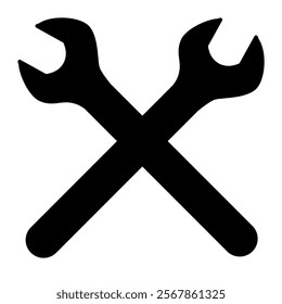 wrench, two crossed wrenches silhouette shape, black and white vector illustration of hand tool spanner, white background