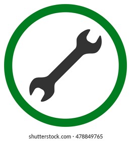 Wrench vector bicolor rounded icon. Image style is a flat icon symbol inside a circle, green and gray colors, white background.