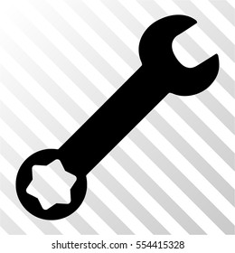 Wrench vector icon. Illustration style is flat iconic black symbol on a hatched transparent background.