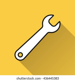 Wrench vector icon with long shadow. Illustration isolated on yellow background for graphic and web design.