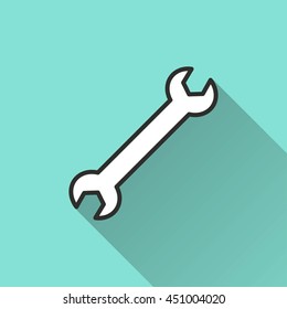 Wrench vector icon with long shadow. White illustration isolated on green background for graphic and web design.