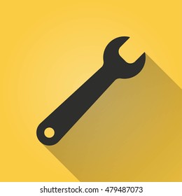 Wrench vector icon with long shadow. Black illustration isolated on yellow background for graphic and web design.