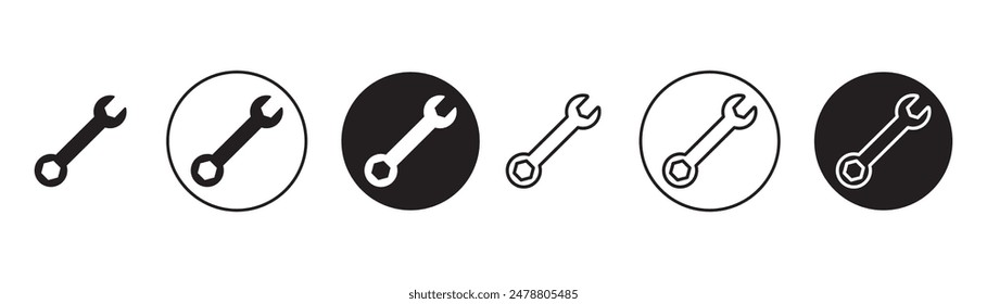 Juego de íconos de Vector de llave inglesa. Vector de llave inglesa mecánica, profesión herramienta de mantenimiento mecánico Iniciar sesión negro relleno y contorneado estilo.