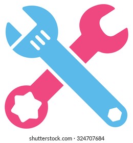 Wrench vector icon. Style is bicolor flat symbol, pink and blue colors, rounded angles, white background.