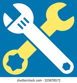 Wrench vector icon. Style is bicolor flat symbol, yellow and white colors, rounded angles, blue background.