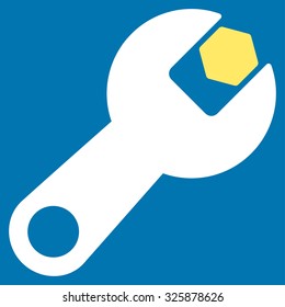 Wrench vector icon. Style is bicolor flat symbol, yellow and white colors, rounded angles, blue background.