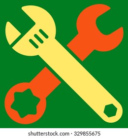 Wrench vector icon. Style is bicolor flat symbol, orange and yellow colors, rounded angles, green background.