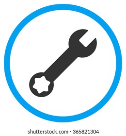 Wrench vector icon. Style is bicolor flat circled symbol, blue and gray colors, rounded angles, white background.