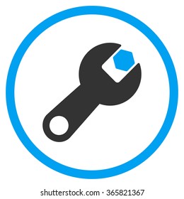 Wrench vector icon. Style is bicolor flat circled symbol, blue and gray colors, rounded angles, white background.