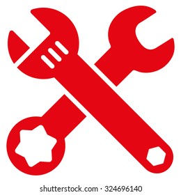 Wrench vector icon. Style is flat symbol, red color, rounded angles, white background.