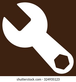 Wrench vector icon. Style is flat symbol, white color, rounded angles, brown background.