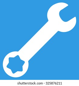 Wrench vector icon. Style is flat symbol, white color, rounded angles, blue background.