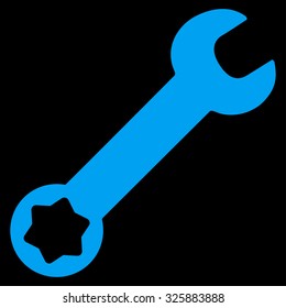 Wrench vector icon. Style is flat symbol, blue color, rounded angles, black background.