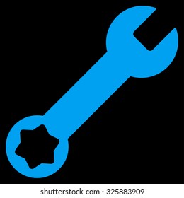 Wrench vector icon. Style is flat symbol, blue color, rounded angles, black background.