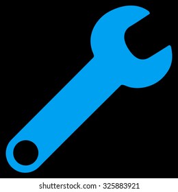 Wrench vector icon. Style is flat symbol, blue color, rounded angles, black background.
