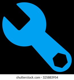 Wrench vector icon. Style is flat symbol, blue color, rounded angles, black background.
