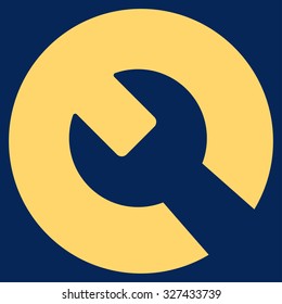 Wrench vector icon. Style is flat symbol, yellow color, rounded angles, blue background.