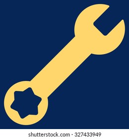 Wrench vector icon. Style is flat symbol, yellow color, rounded angles, blue background.