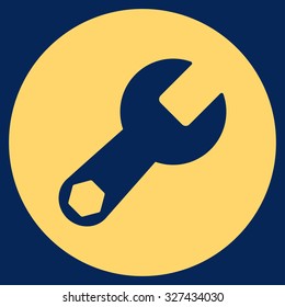 Wrench vector icon. Style is flat symbol, yellow color, rounded angles, blue background.