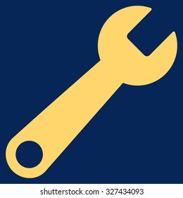 Wrench vector icon. Style is flat symbol, yellow color, rounded angles, blue background.