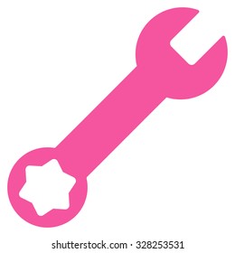 Wrench vector icon. Style is flat symbol, pink color, rounded angles, white background.
