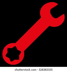 Wrench vector icon. Style is flat symbol, red color, rounded angles, black background.