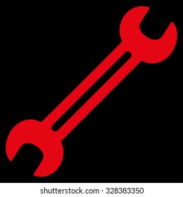 Wrench vector icon. Style is flat symbol, red color, rounded angles, black background.