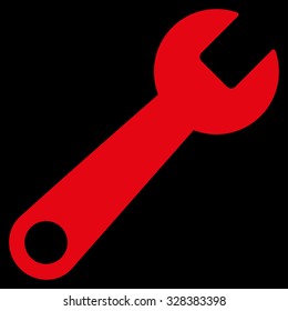 Wrench vector icon. Style is flat symbol, red color, rounded angles, black background.