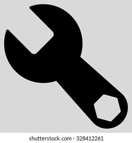 Wrench vector icon. Style is flat symbol, black color, rounded angles, light gray background.