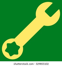 Wrench vector icon. Style is flat symbol, yellow color, rounded angles, green background.