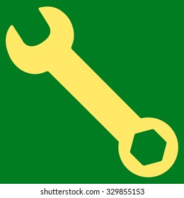 Wrench vector icon. Style is flat symbol, yellow color, rounded angles, green background.