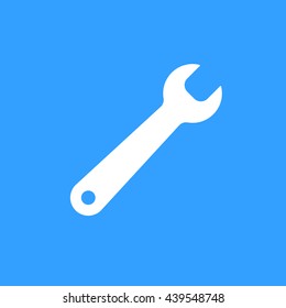 Wrench vector icon. White Illustration isolated on blue background for graphic and web design.