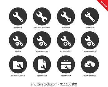 Wrench vector icons set. Mechanics and building concept. Icons for banners of repair services. Repair tools, wrench, spanner, repair folder,file,box and cloud. Isolated on white backgrouund
