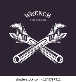 Wrench Vector Illustration Black and White Color Style, Screw Wrench vintage retro vector illustration