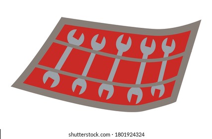 Wrench vector illustration of metallic mechanic tool. Isolated metric spanners for bolts and nuts or toolbox elements. Tool kit in a special case, industrial equipment, metal mechanical object