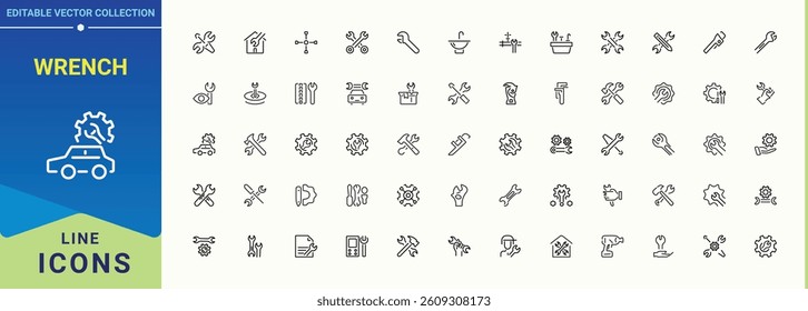 Wrench vector line icon set. Contain linear symbols mechanical, construction, technical, spanner, equipment, setting, work and more. Minimalist linear icons. Tool icon collection. Editable stroke.