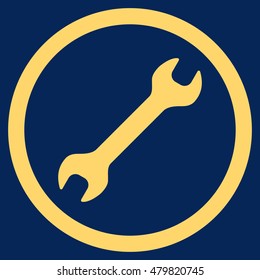 Wrench vector rounded icon. Image style is a flat icon symbol inside a circle, yellow color, blue background.