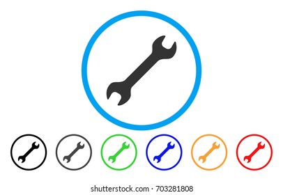 Wrench vector rounded icon. Image style is a flat gray icon symbol inside a blue circle. Additional color versions are grey, black, blue, green, red, orange.