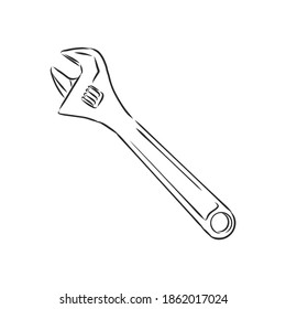 wrench, vector sketch illustration. Wrench. Hand drawn in a graphic style. Vintage vector engraving illustration for poster, web. Isolated on white background
