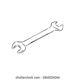 wrench, vector sketch illustration. Wrench. Hand drawn in a graphic style. Vintage vector engraving illustration for poster, web. Isolated on white background