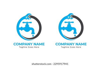 Wrench and Water Faucet Logo Concept symbol sign icon Design Element. Plumbing, Construction Building, House, Home Repair, Mechanic Services Logotype. Vector illustration template