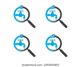 Wrench and Water Faucet Search Find Logo Concept symbol icon sign Design Element. Plumbing, Construction Building, House, Home Repair, Mechanic Services Logotype. Vector illustration template