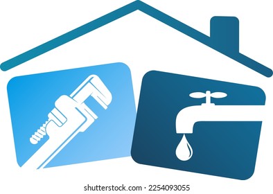 Wrench and water faucet under roof, symbol for plumbing repair